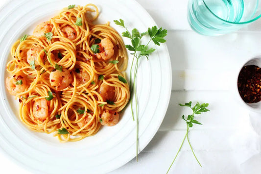 Picture of Chilli Garlic Prawn Spaghetti dish on a table