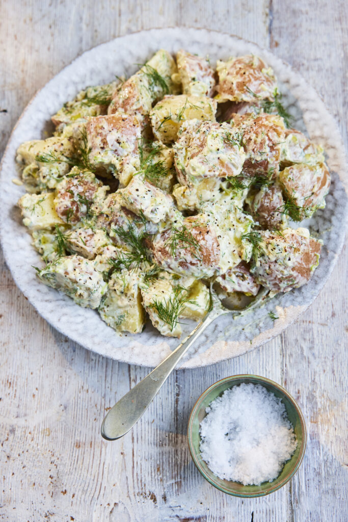 Picture of potato salad in dish made with Maldon Salt