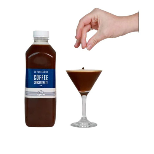 Picture of bottle of Seven Seeds Coffee cold concentrate and an espresso martini in a glass