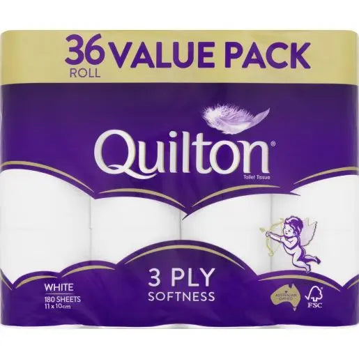 Quilton 3 Ply Toilet Tissue (180 Sheets per Roll, 11 x 10cm), Pack of 48 Quilton